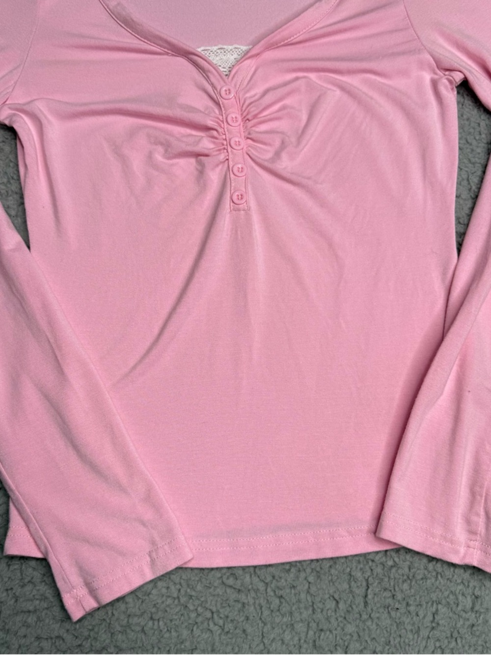 Pink ruched henley long sleeve top lace inset fitted soft girl size M - Picture 4 of 7